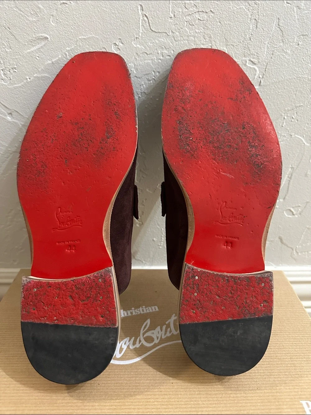 Christian Louboutin Men's Dark Brown Suede Slip-On Loafers with Silver Buckle